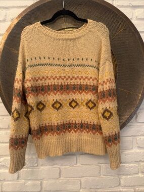 BE COOL Beige Fair Isle Crewneck Sweater with Mustard, Rust & Teal Motifs